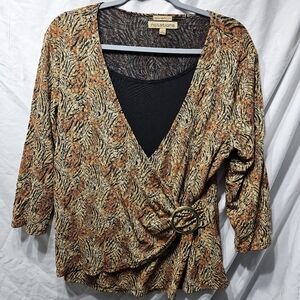 Notations Shirt Blouse Women's Large Tiger Print 3/4 Sleeve V-Neck Layered Black